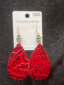 Tooled Leather Beaded Earrings Wildflower