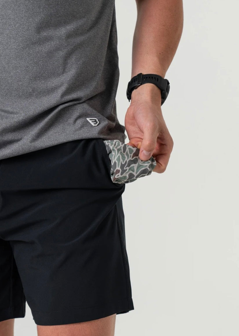Matte Black Everyday Shorts with Retro Duck Camo Pocket 7” Burlebo