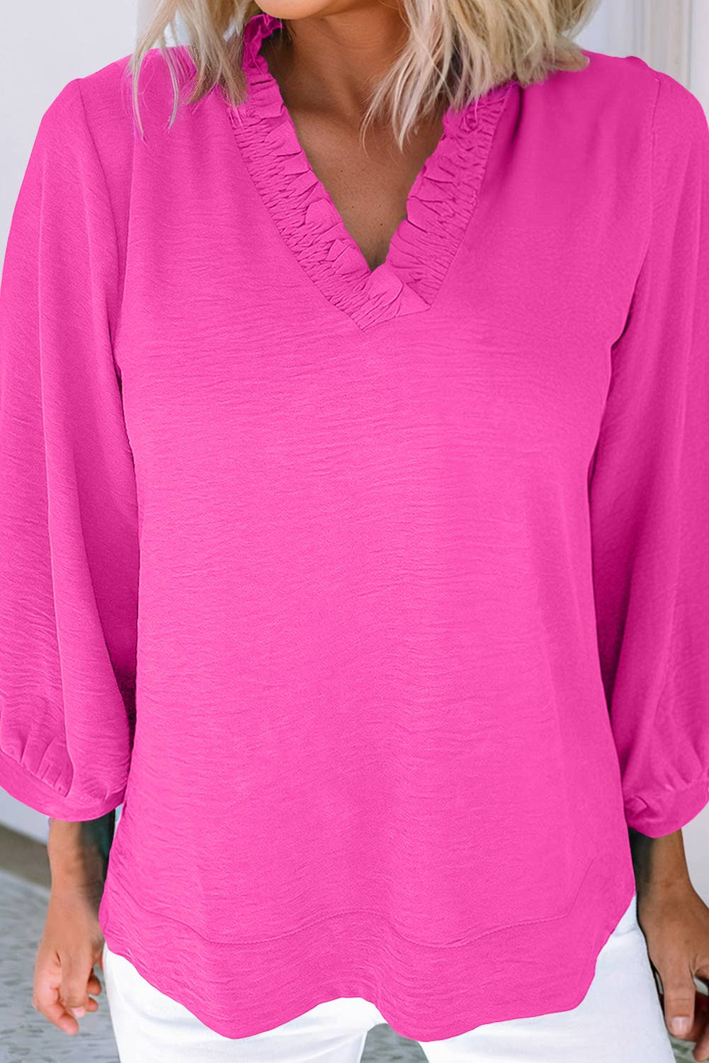 LDC Frilled V Neckline Bracelet Sleeve Crinkled Blouse: Moonlight Jade / S