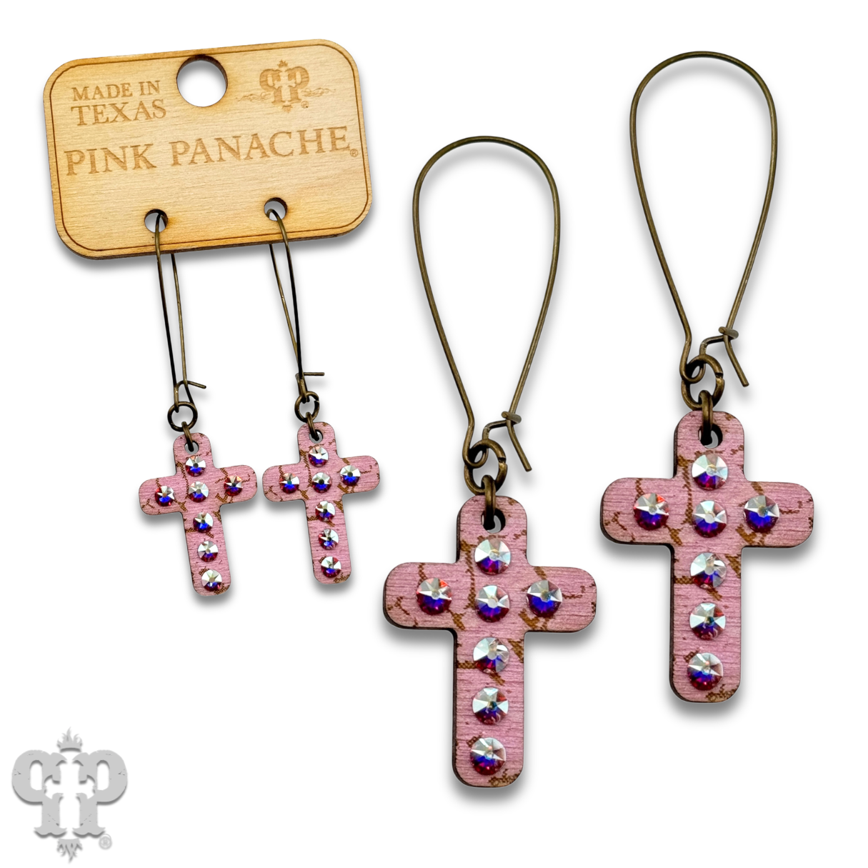 Mini wood cross earring with Austrian crystals: White