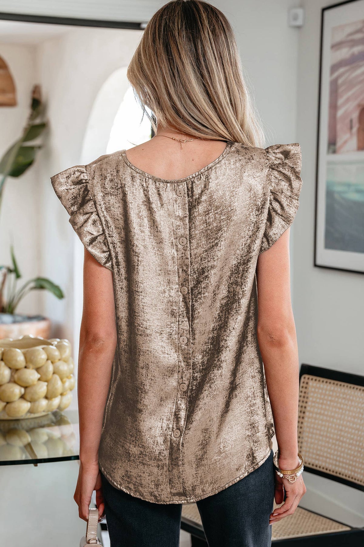 Metallic Ruffle Trim Sleeveless Round Neck Top: Silvery / M
