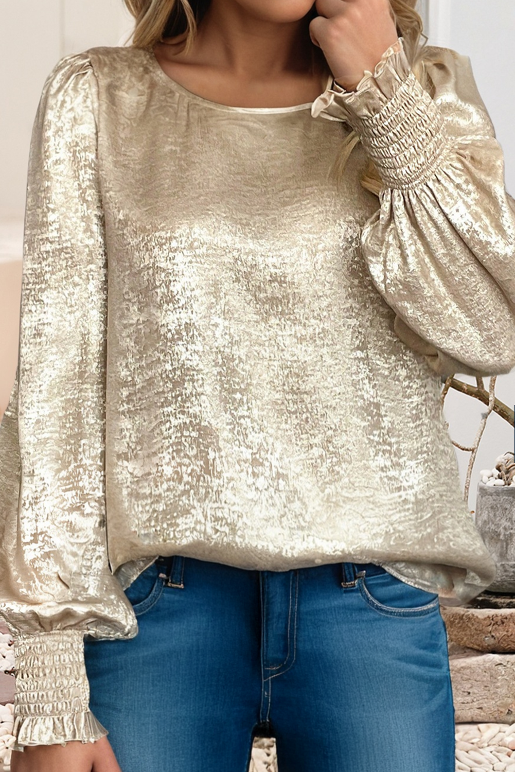 Metallic Round Neck Smocked Long Sleeve Blouse｜LDC
