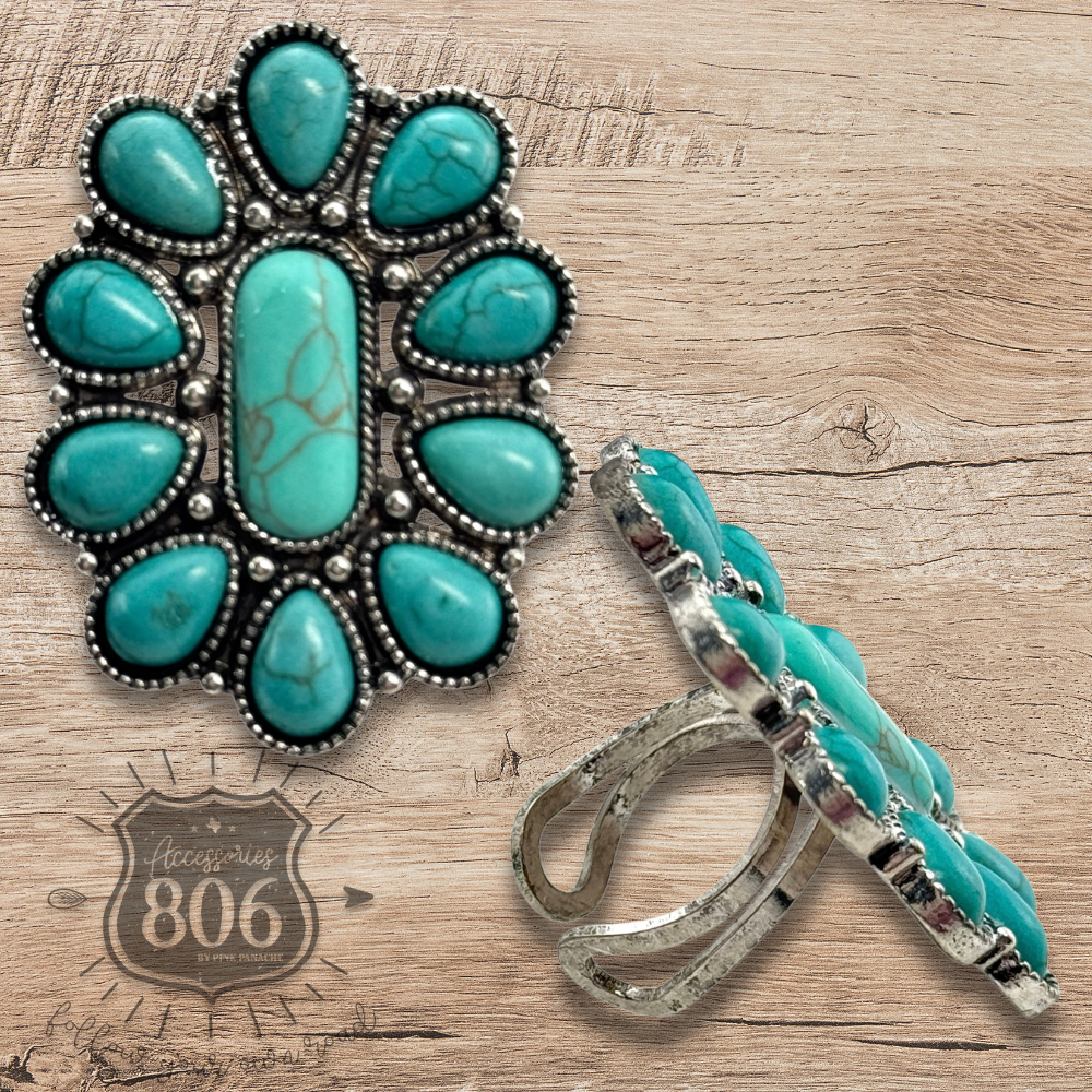 Turquoise color oval flower ring - LC: Turquoise