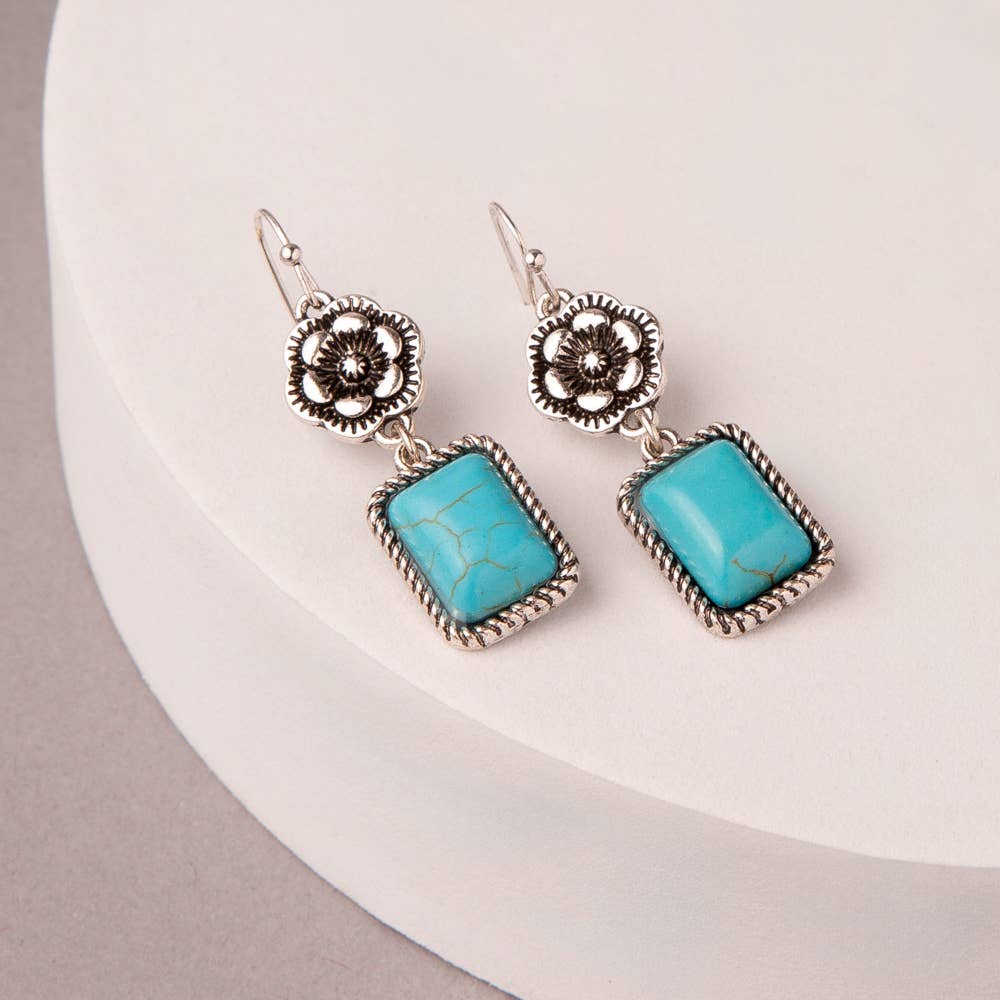 Western Floral Jeweled Post Dangle Earrings : Turquoise