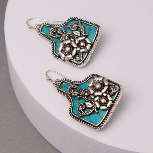Western Colored Turquoise Floral Cattle Tag Dangle Earrings: Turquoise