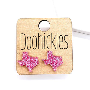 Pink Glitter Texas Acrylic Stud Earrings- Breast Cancer Awareness Doohickie