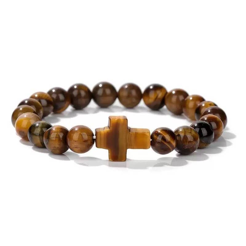 Boho Natural Stone Cross Charm Beaded Bracelet | 40B5248: Jade