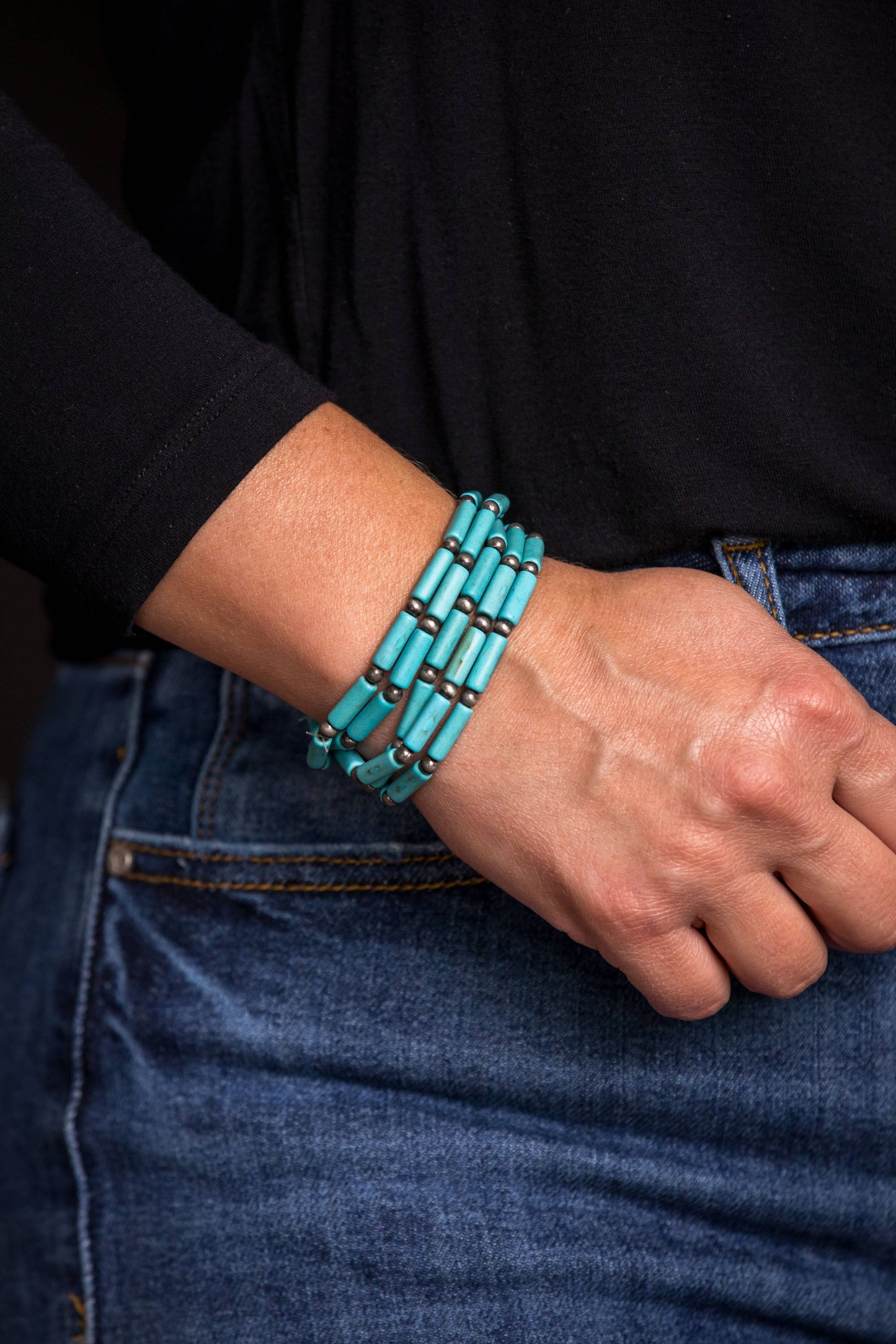 5 Strand Turquoise Tube Bead & Faux Navajo Stretch Bracelet West Co
