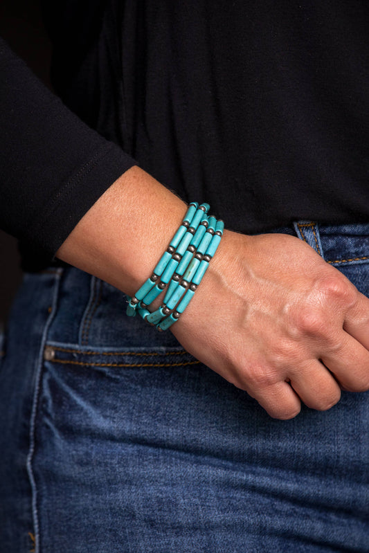 5 Strand Turquoise Tube Bead & Faux Navajo Stretch Bracelet West Co