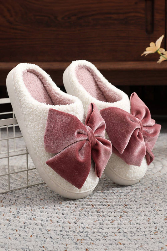 Glister Mauve Ribbon Bow Decor Contrast Liner Plush Slippers Gifts: Pink Fl