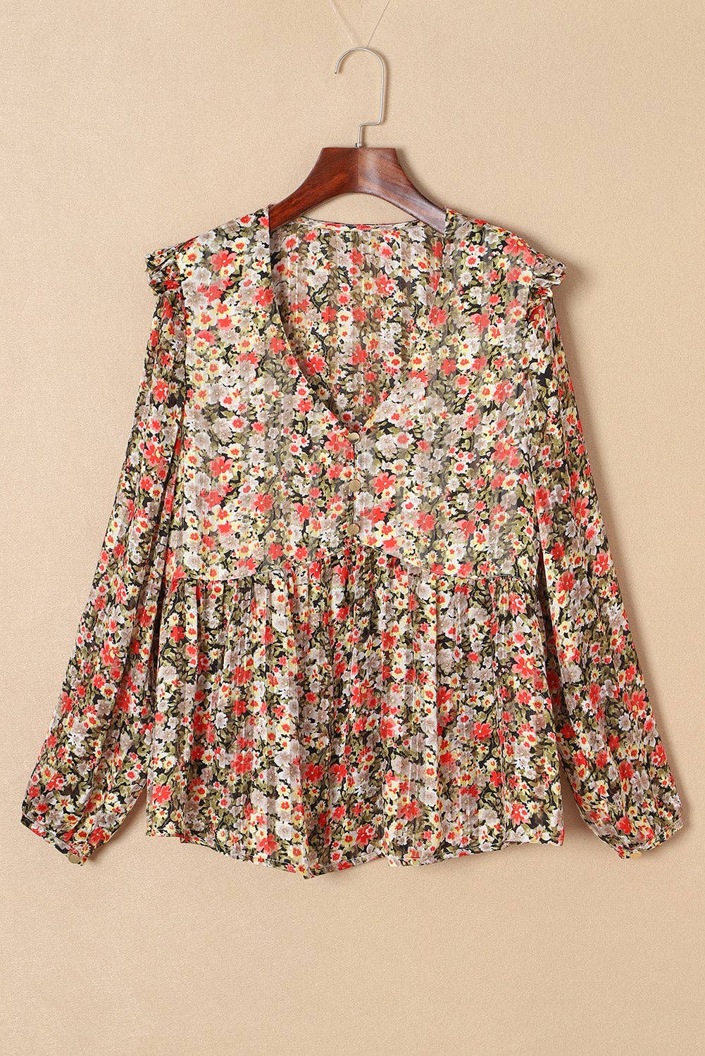 V Neck Ruffled Babydoll Floral Blouse: Khaki / S-XL Full Time Purchase