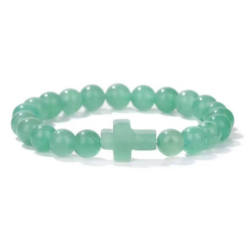 Boho Natural Stone Cross Charm Beaded Bracelet | 40B5248: Jade