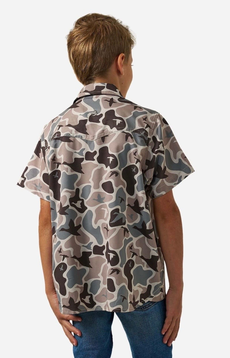 Mallard Mayhem Camo Youth Burlebo Performance Western Shirt With Pearl Snaps Tx/ Fl Y- PES-MMAYC