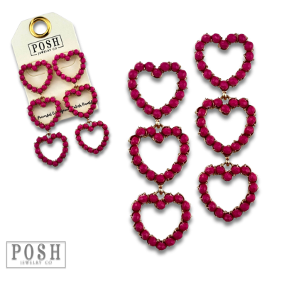 Fuchsia rhinestone triple heart earring: Fuchsia PP