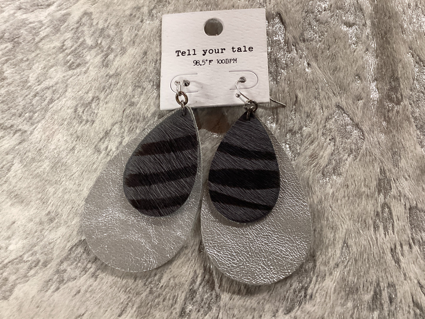 Silver teardrop earrings w/black and grey stripe teardrop earrings