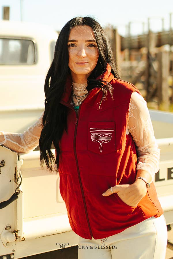 Wine Puffer W Aztec Lining Boot Stitch Detail Vest: L