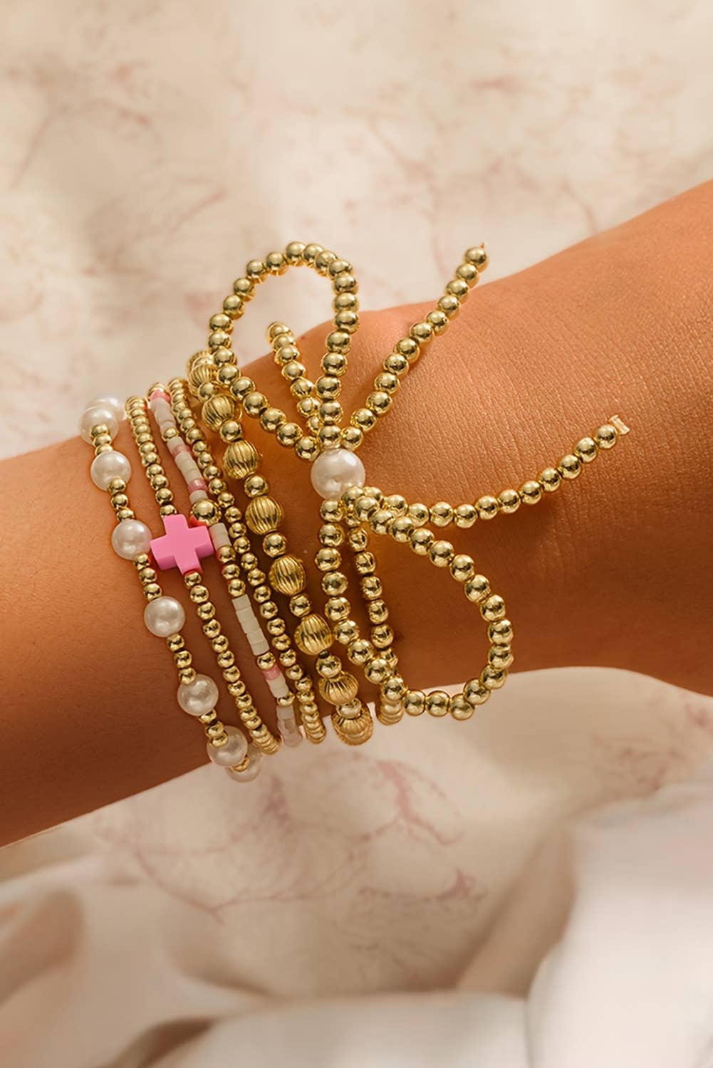 Bow Knot Pearl Decor Beaded Plated Layered Bracelet: Gold LDC