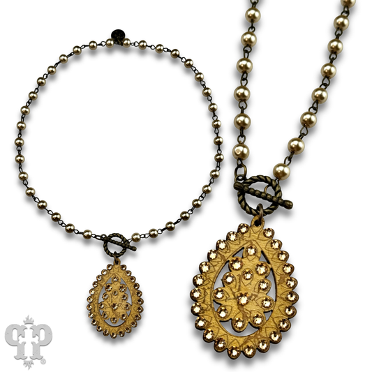 Toggle necklace with Austrian crystal Santa Fe teardrop pendant: Gold PP