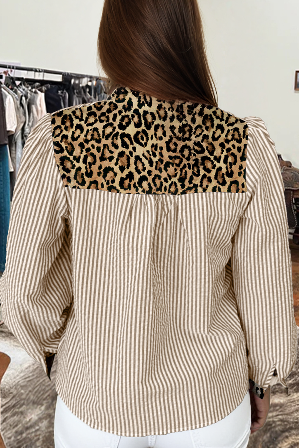 Western Stripe Leopard Patchwork Long Sleeve Shirt: Brown Stripe fashionw