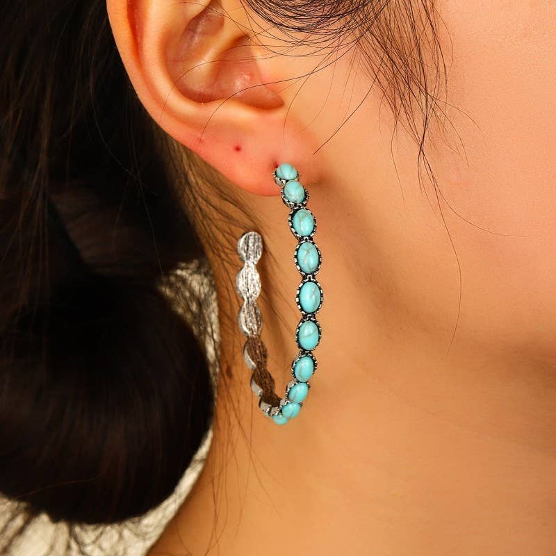WESTERN TURQ STONE HOOP EARRINGS | 40E437: OVAL
