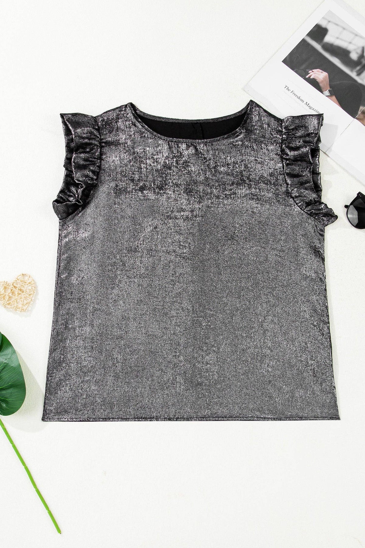 Metallic Ruffle Trim Sleeveless Round Neck Top: Silvery / L