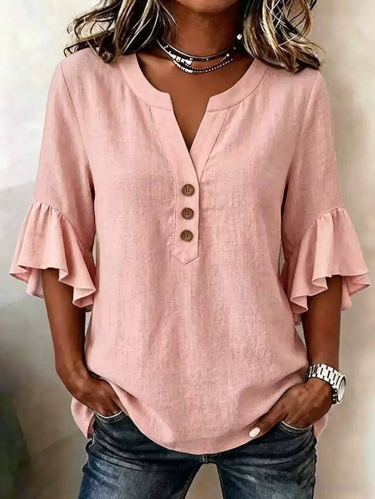 Cotton Linen Blouse V Neck Ruffle Sleeve Women's Top: Khaki / 95%polyester+5%Elastane / M