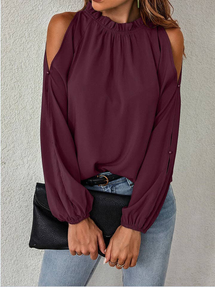 Ruffle Mock Neck Cold Shoulder Chiffon Blouse: Burgundy / 95%Polyester5%Spande / L