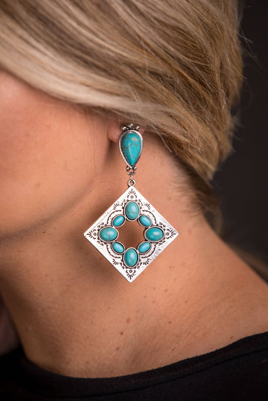 Burnished Silver Stamped Diamond Shaped Post Earring w/ Turq West Co