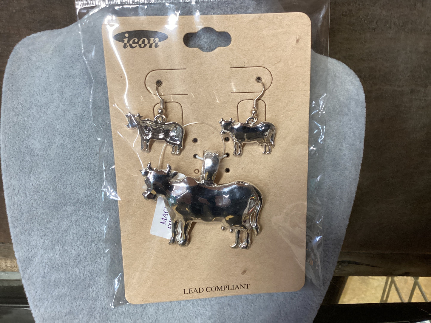 Silver Cow Charm with Matching Earrings