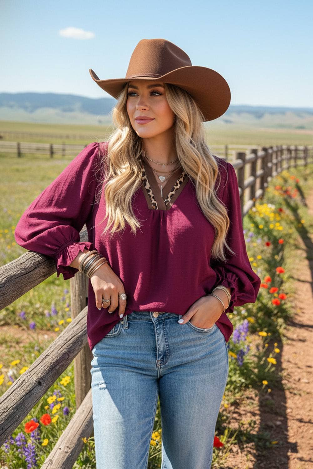 Leopard Trim Notch Neck Flounced Bracelet Sleeve Blouse: Blue Fashionw