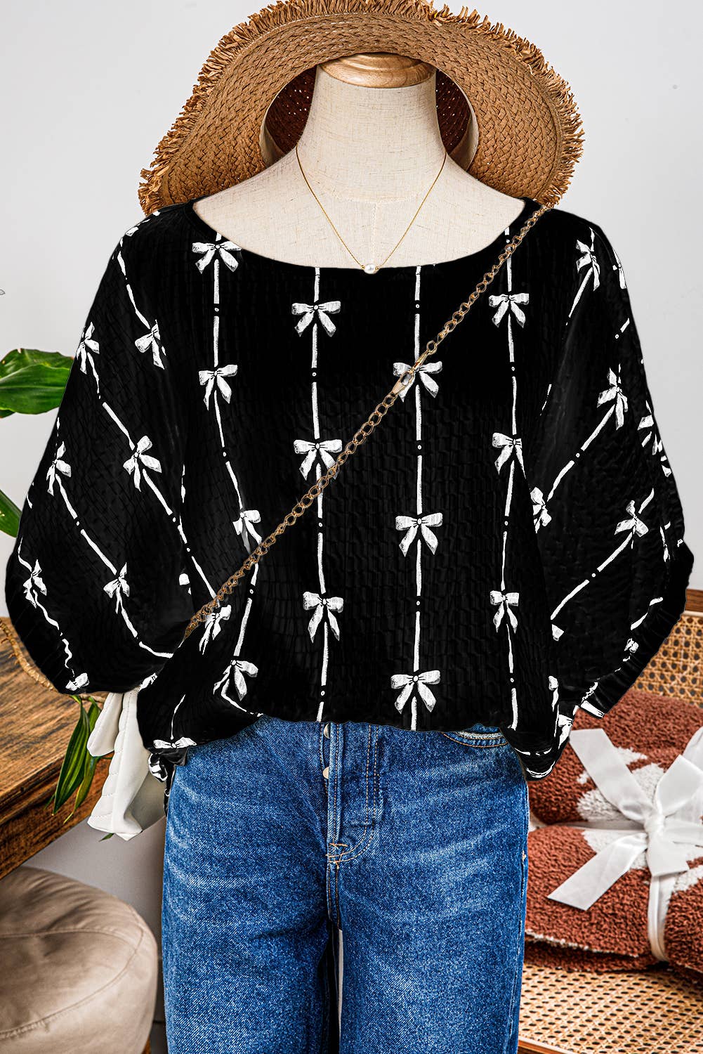 Fashion-W Bow Print Puff Short Sleeve Top