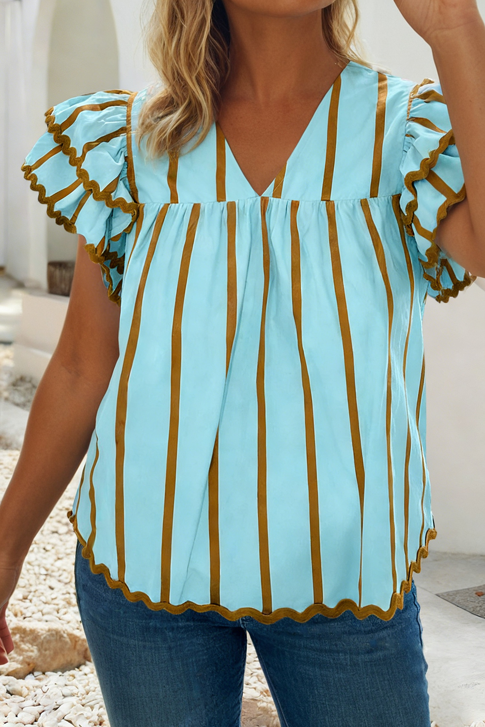 Ricrac Trim Double Ruffled Short Sleeve V Neck Stripe Blouse: Sky Blue Stripe LDC