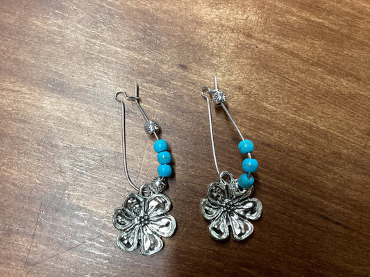 Silver Flower Earrings w/Blue Beads