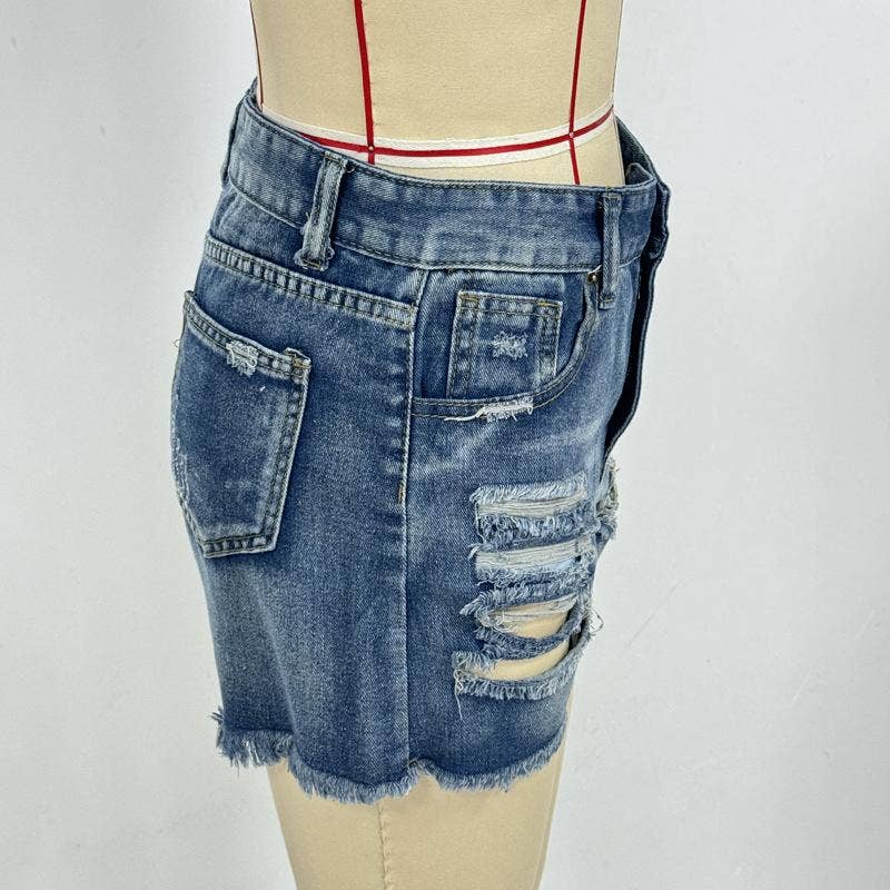Summer Ripped Frayed Denim Shorts: Blue Rosa