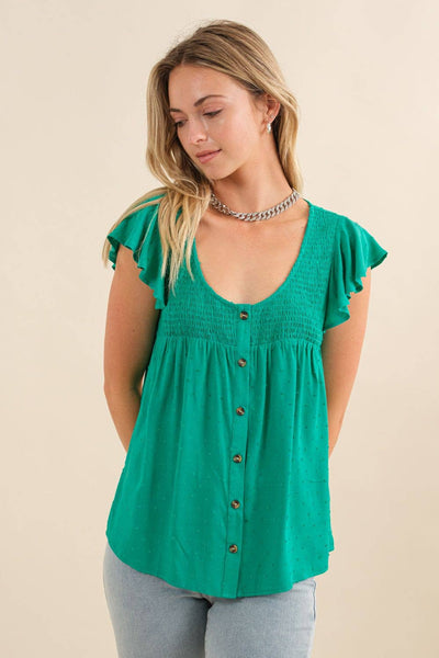 Smocked Yolk Ruffle Cap Sleeve Button Down Top: Kelly Green