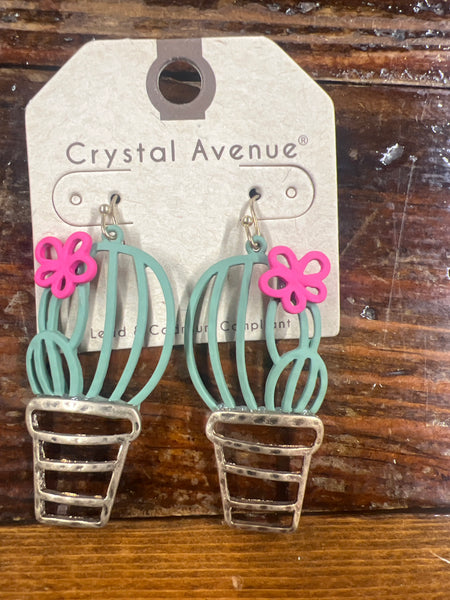 Color Rubber Coated, Cut Out Cactus Hammered Metal Earring Susie Q