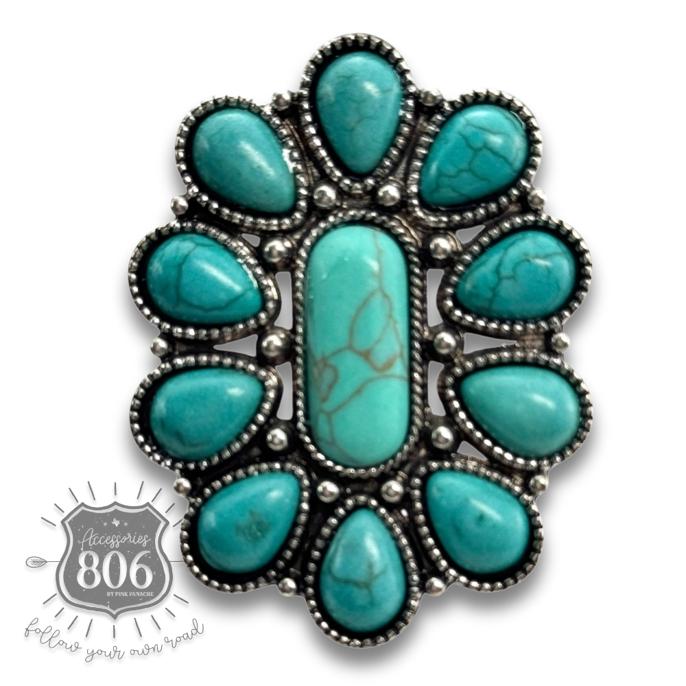 Turquoise color oval flower ring - LC: Turquoise