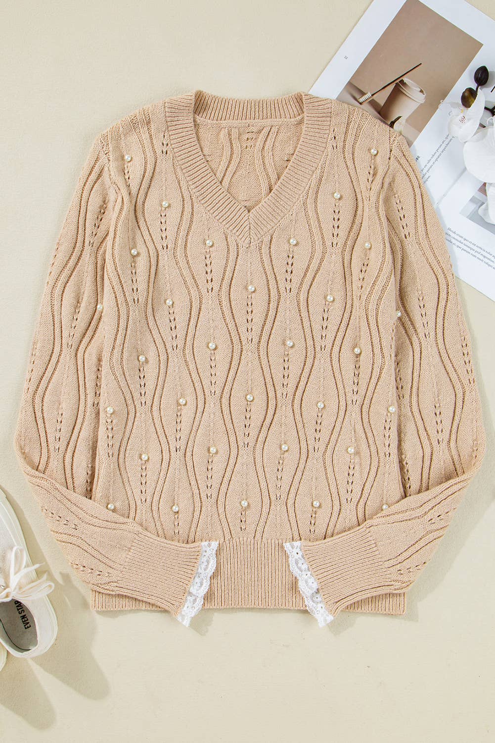 Pearl Beaded Pointelle V Neck Lace Sleeve Sweater (S-XL): Beige 66