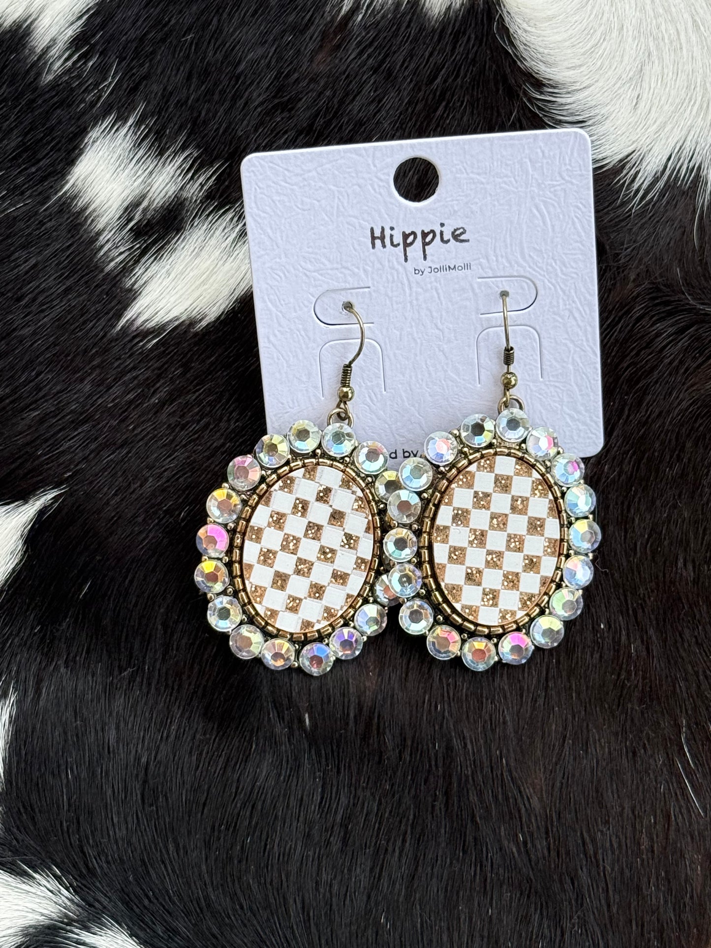 Gold And White Checkerboard Bling Earrings