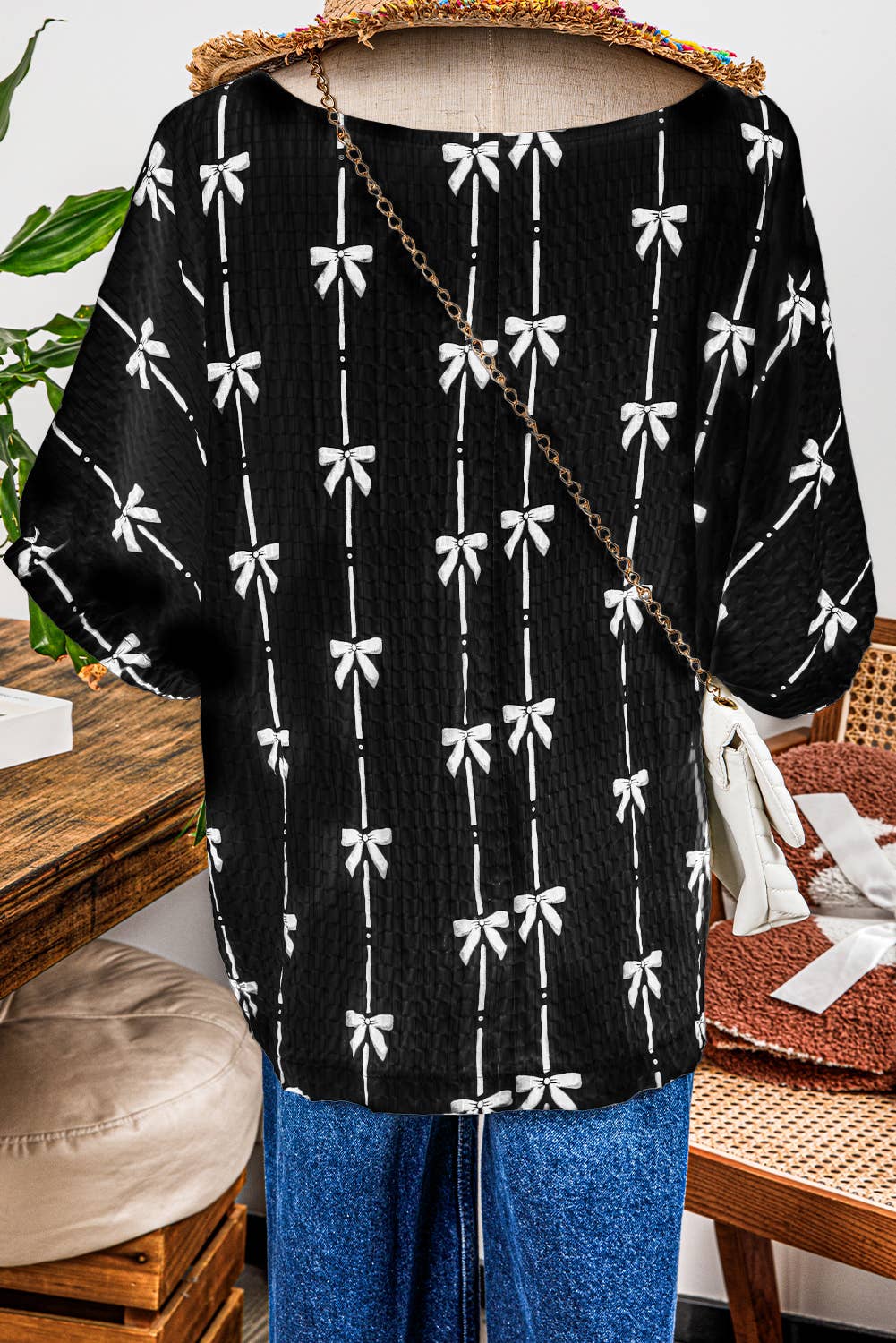 Fashion-W Bow Print Puff Short Sleeve Top