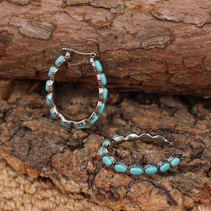 WESTERN TURQ STONE HOOP EARRINGS | 40E437: ROUND