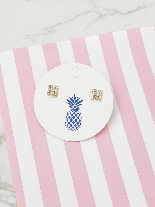 Cubic Zirconia Initial Stud Earrings- Gold: M