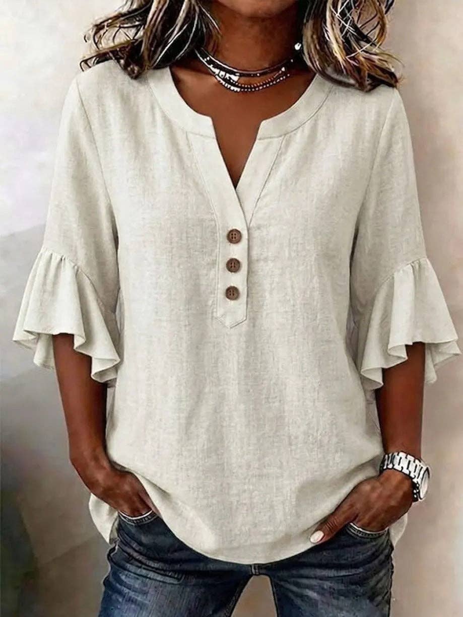 Cotton Linen Blouse V Neck Ruffle Sleeve Women's Top: Pink / 95%polyester+5%Elastane / S