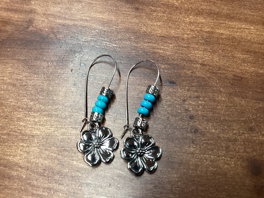 Silver Flower Earrings W/Silver/Blue Beads