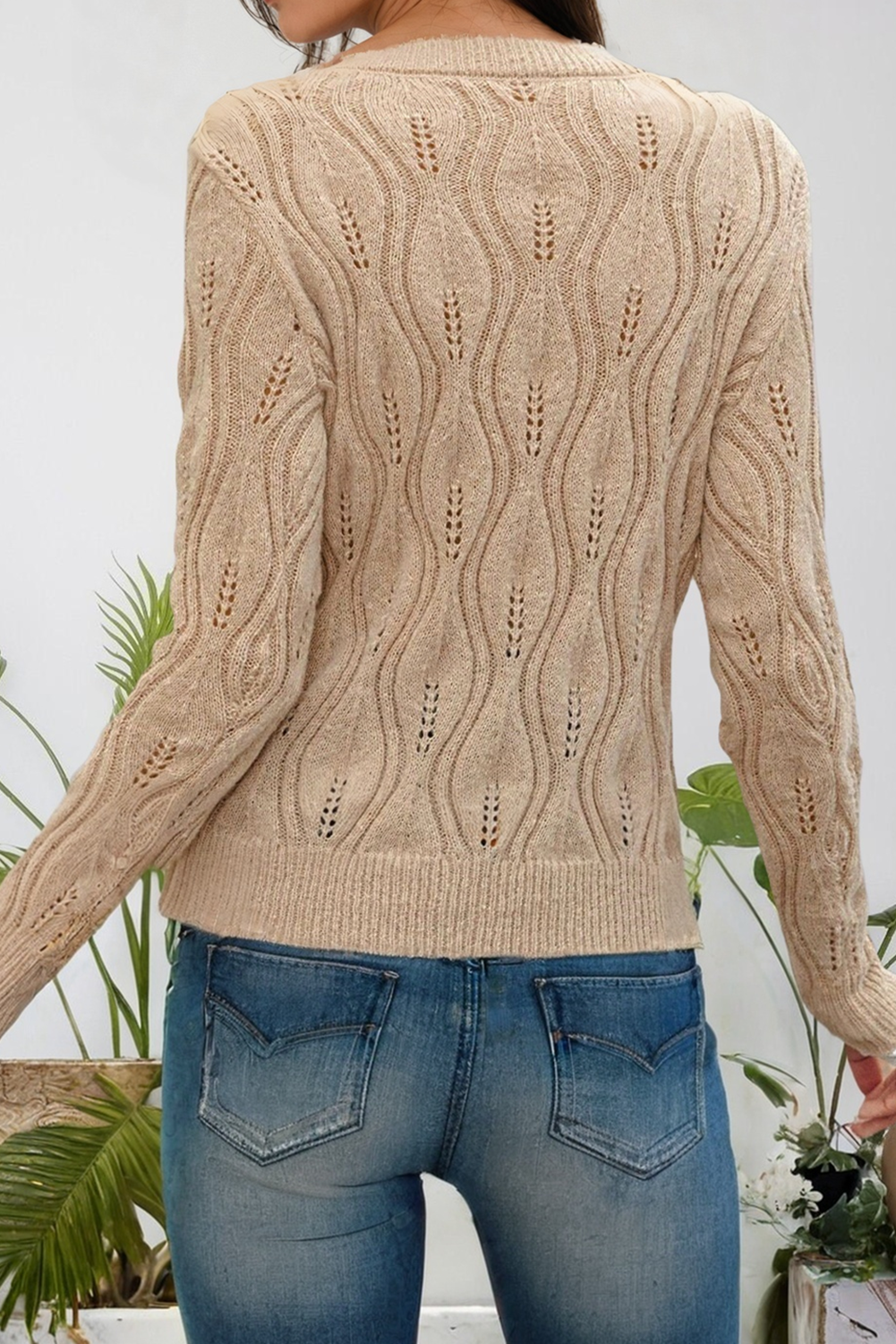 Pearl Beaded Pointelle V Neck Lace Sleeve Sweater (S-XL): Beige 66