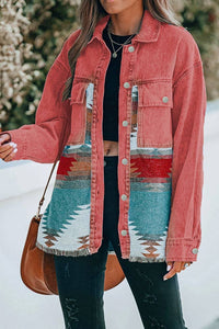 Distressed Aztec Western Denim Jacket Coat Unishe Red