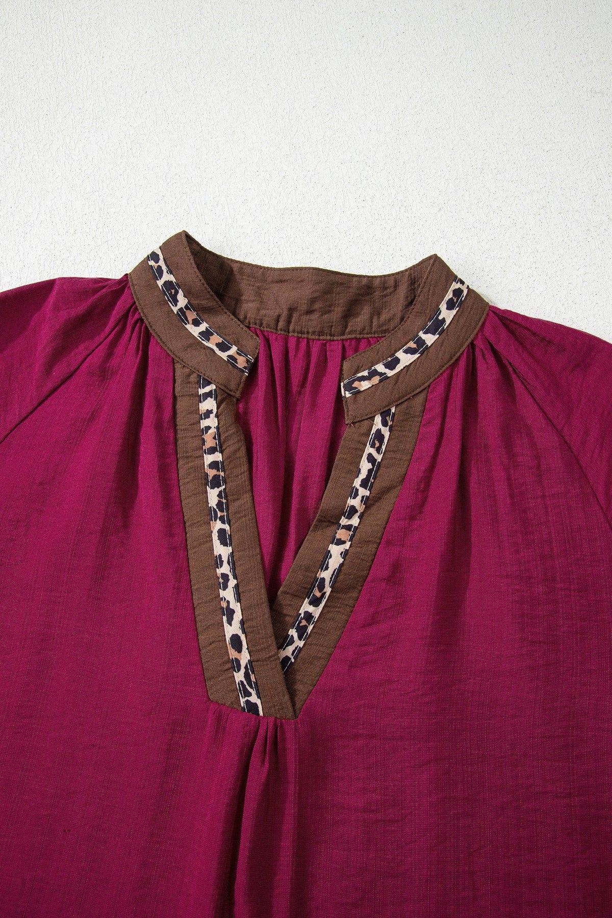 Leopard Trim Flounced  3/4 Sleeve V-Neck Blouse: Violet / XL