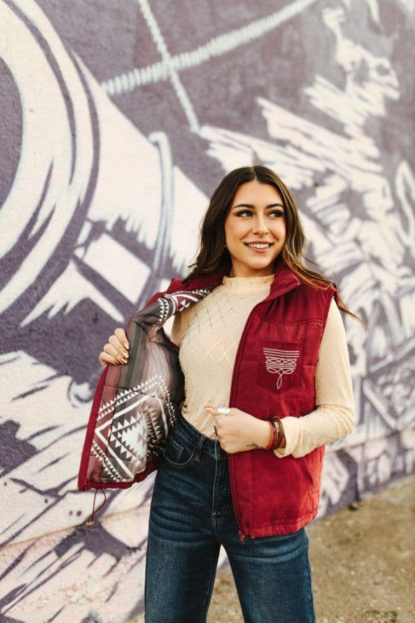 Wine Puffer W Aztec Lining Boot Stitch Detail Vest: S
