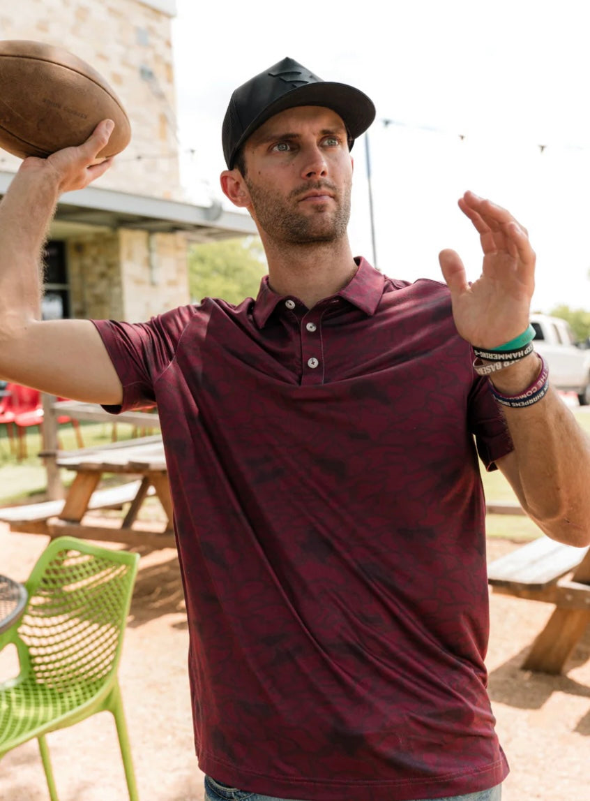 Maroon Texas Camo Performance Polo Burlebo