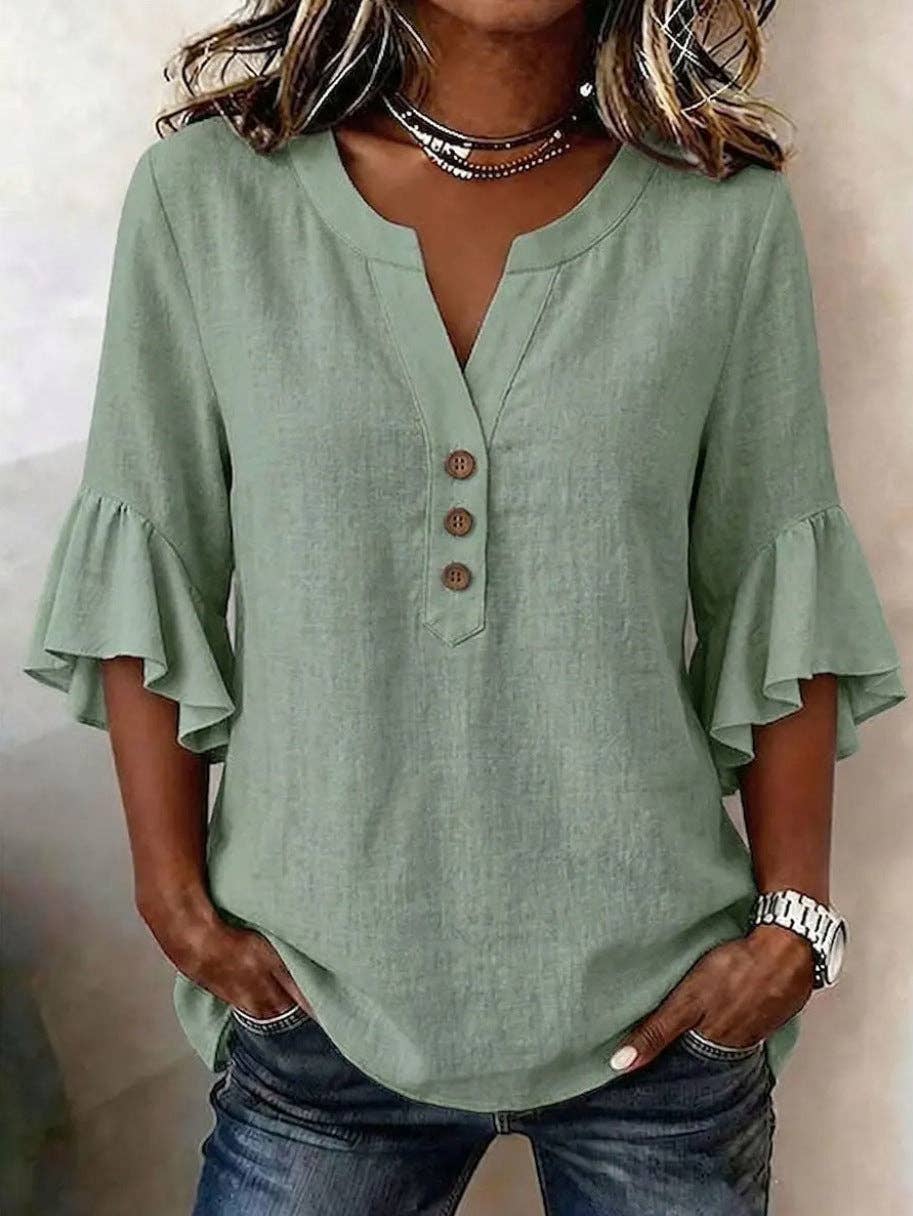 Cotton Linen Blouse V Neck Ruffle Sleeve Women's Top: Pink / 95%polyester+5%Elastane / S